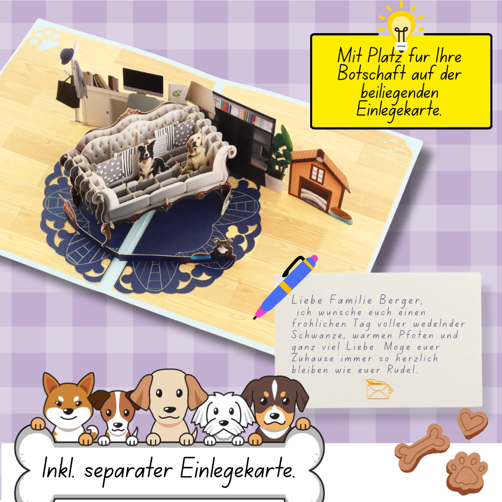 3D Pop-Up Karte Hunde Sofa