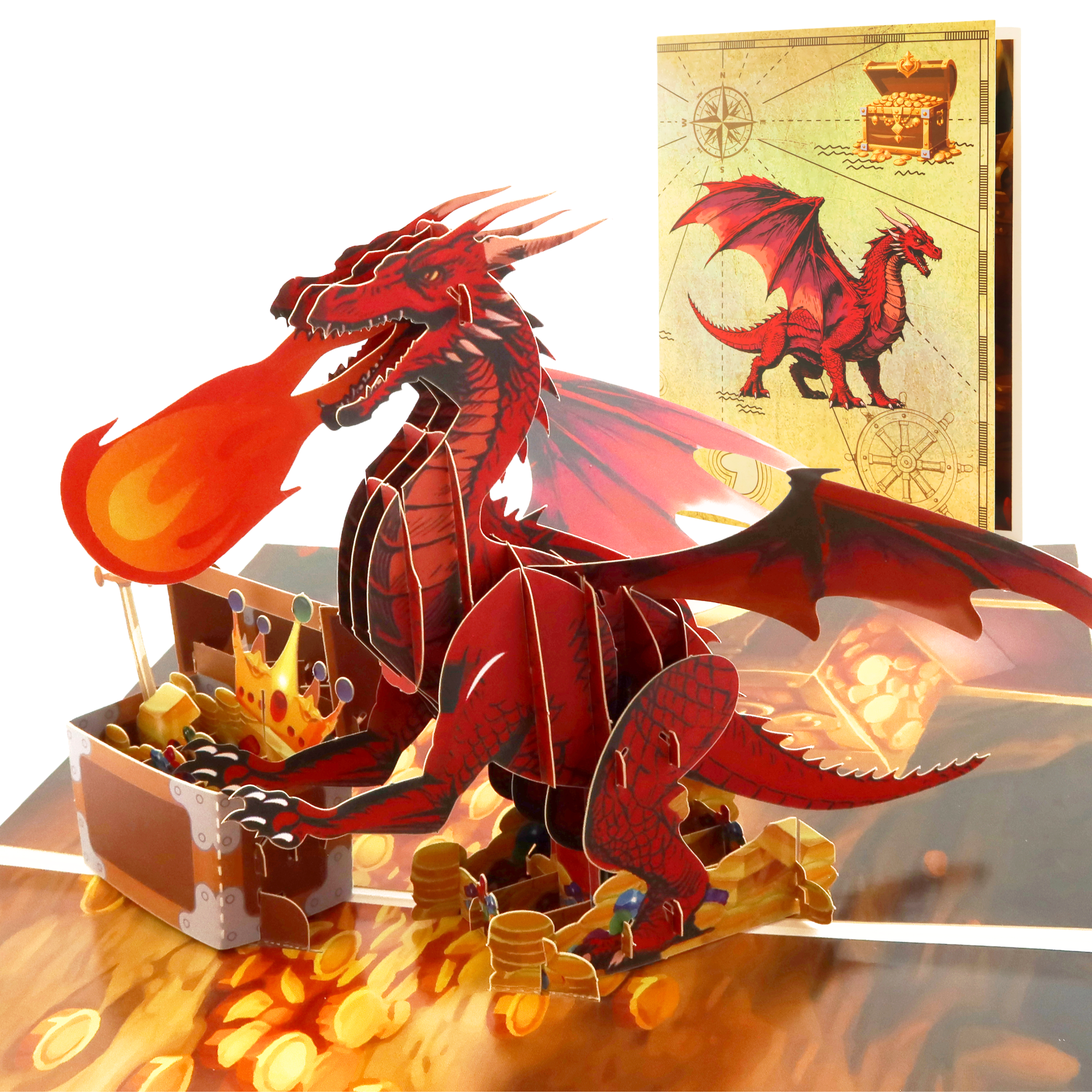 3D Pop-Up Karte Drache mit Schatztruhe