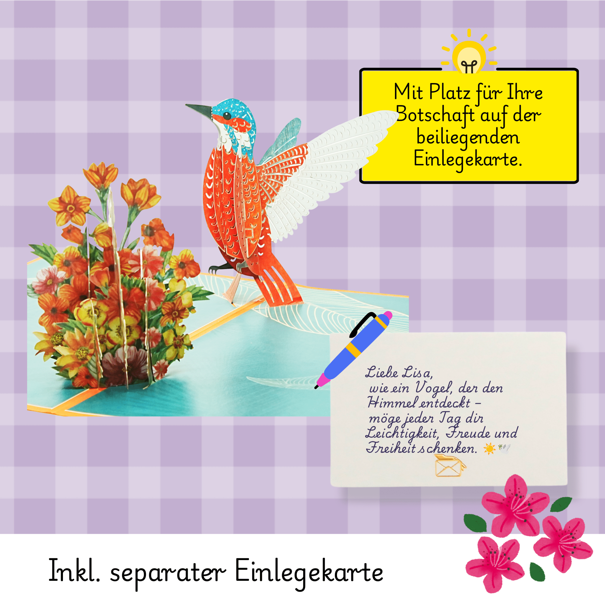 3D Pop-Up Karte Kolibri & Blumen - DORAFIORA