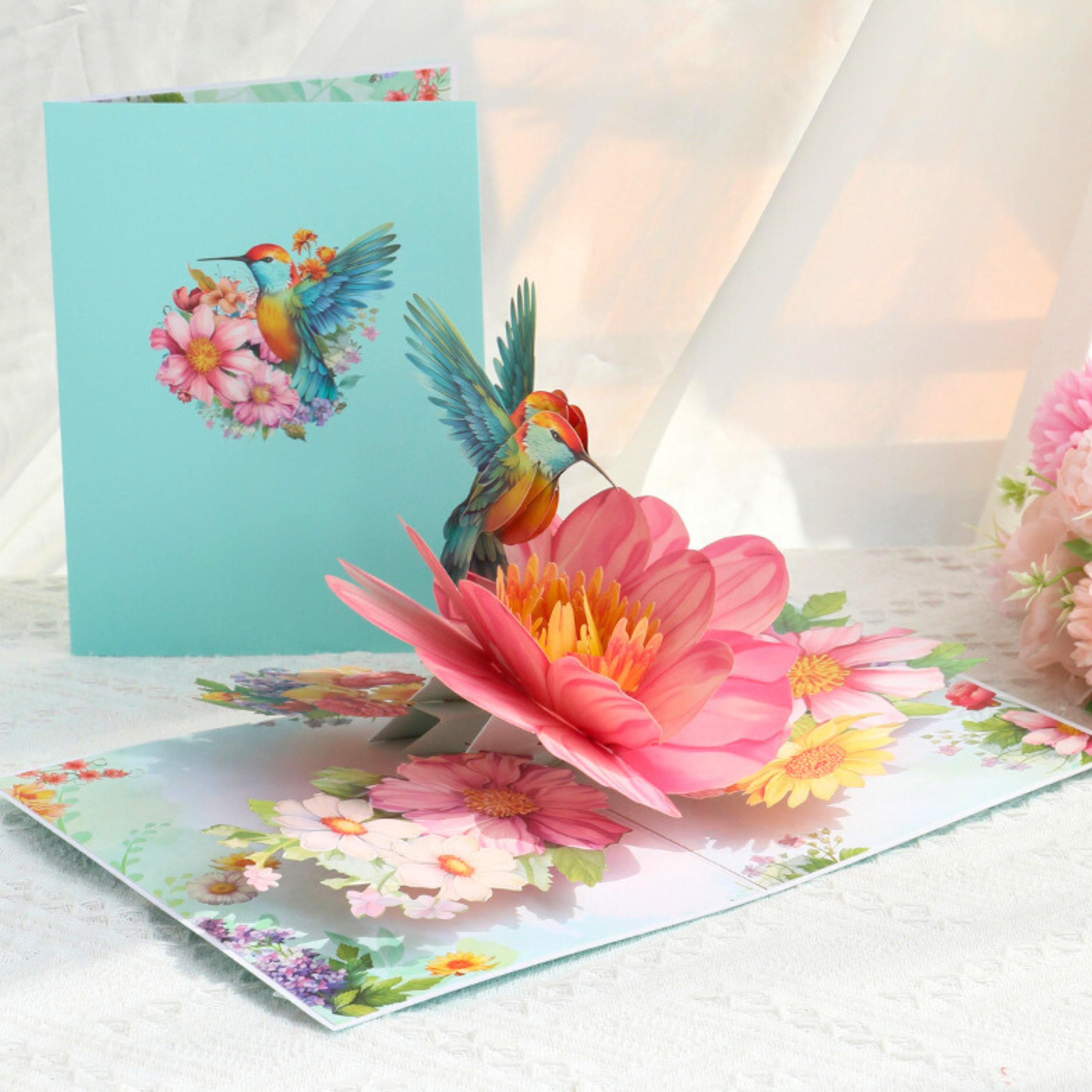 3D Pop-Up Karte Kolibri und Blumen