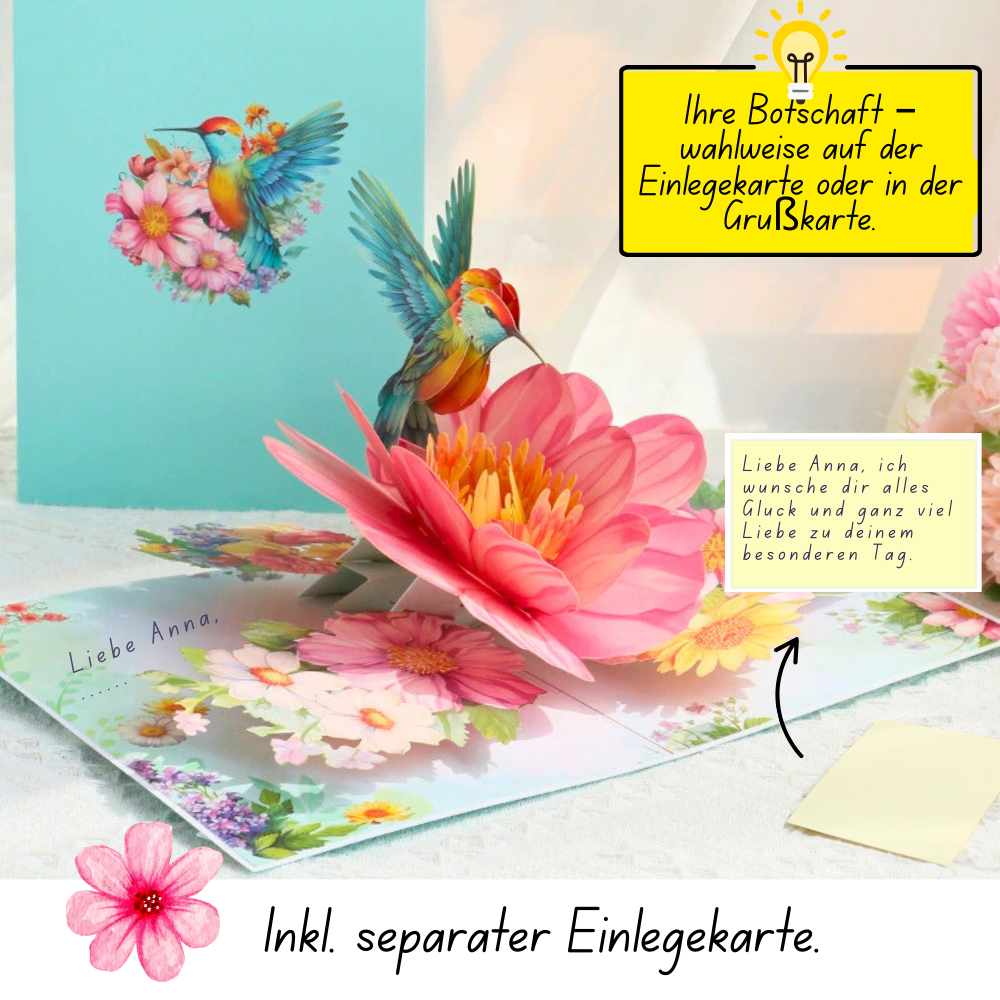 3D Pop-Up Karte Kolibri und Blumen
